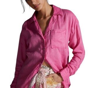 Maeve Anthropologie Linen Pink Ruched Sleeve Button Down Shirt S